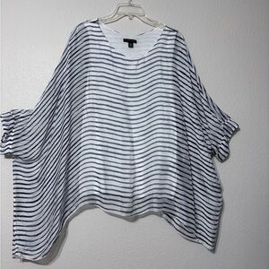 Saks Fifth Avenue Silk Navy/White Striped Flowy Blouse. Made in Italy. Resort. L